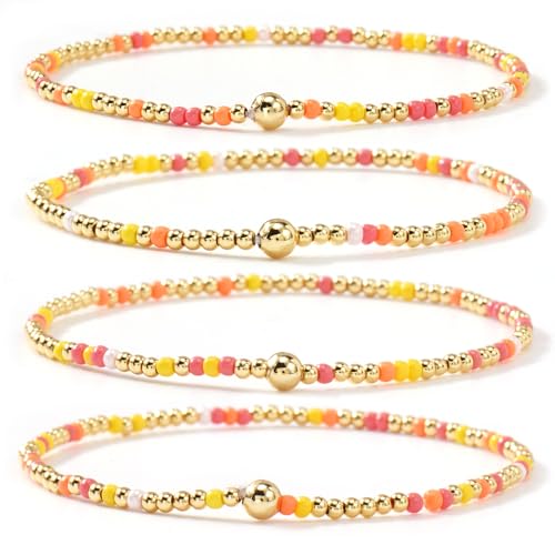 Boho 4Pcs Stack Colorful Small Seed Beaded Bracelets Set for Women, Cute Handmade Dainty Trendy Gold Plated Stretch Accessories Thin Glass Jewelry, Summer Daily Party Friendship Gift - color: Yellow
