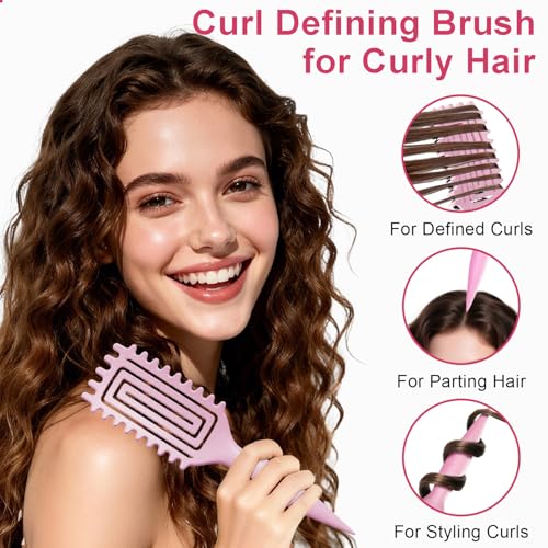 2-Pack Curly Hair Brush, Curl Defining Brush with Soft Boar Bristles Detangling Tangled Glides, Wide-Teeth Design Effortlessly Shaping & Defining Curls, Curling Definer for Wet & Dry Hair(Pink Purple) - color: Pink Purple