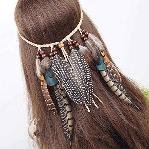 WLBON Halloween Boho Feather Headband Hippie Indian Hair Hoops Bands Tassel Bohemian Headpiece Hairband Women Christmas Wedding Holiday Festival Masquerade Cosplay Dress Up Birthday Party Accessories - color: Gray Feather