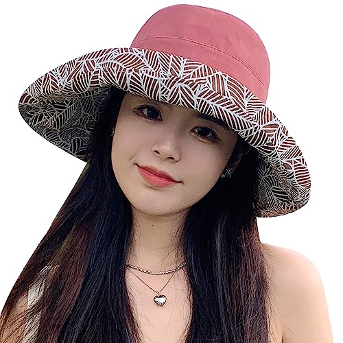 HUAMULAN Women Summer Sun Hat Wide Brim Wired Edge Floral Beach Bucket Hats Reversible Foldable Travel UV Protection Lady Hat - color: M2246-jiuhong