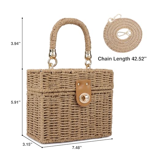 Handwoven Rattan Bag for Women Wicker Crossbody Shoulder Bag Straw Beach Tote Bag Top Handle Satchel Handbag with Chain Strap - color: Brown