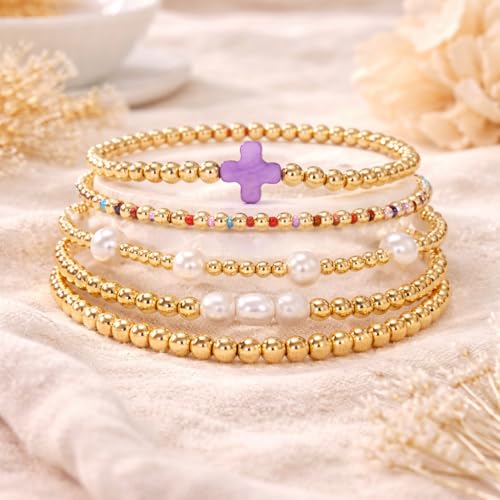 Gold Beaded Cross Bracelet for Women, 14K Plated Adjustable Stackable Dainty Bracelets, Non Tarnish Fashion Jewelry Set Gifts for Women Birthday Friendship - color: Colors-5