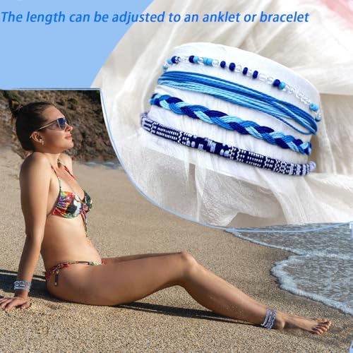 Beach Summer Ankle Bracelet for Women Handmade Braided Adjustable String Anklets Waterproof Surfer Bracelet - color: blue