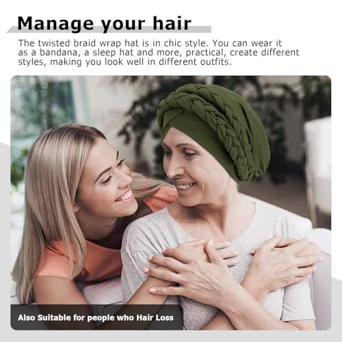 African Women Turban Caps Beanie Pre-Tied Twisted Braids Headwraps for Women Head Scarf Chemo Cancer Headwear Cap - color: 3 Pack Twisted Braid: Olive Green/Dark Grey/Black