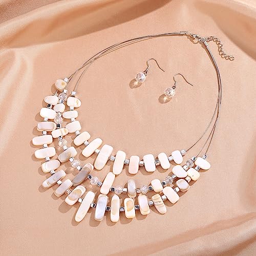 3 Layered Chunky Statement Necklace for Women Beaded Strand Necklaces with Earring Fashion Costumes Collar Necklace Jewelry Sets Gifts for Women - color: 50-White