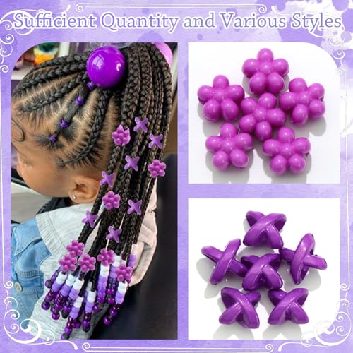 NAISKA 60Pcs Purple Flower Kids Hair Beads Tiny Hair Beads for Braids Cute Beads for Hair Small Pony Loc Beads Acrylic Dreadlock Beads Braid Clips Accessories for Girls - color: Purple