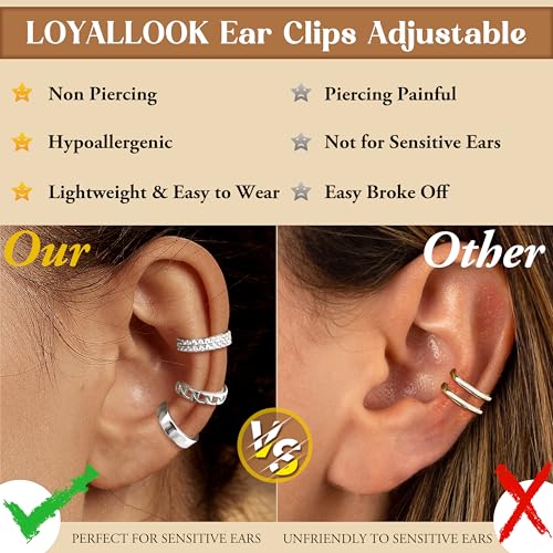 LOYALLOOK Ear Cuff Earrings for Women 14K Gold Plated Ear Cuffs Non Piercing Clip on Cartilage Earring Trendy Fake Earrings Hypoallergenic Huggie Hoop Clip Cuff Earring Lightweight - color: silver-double cz