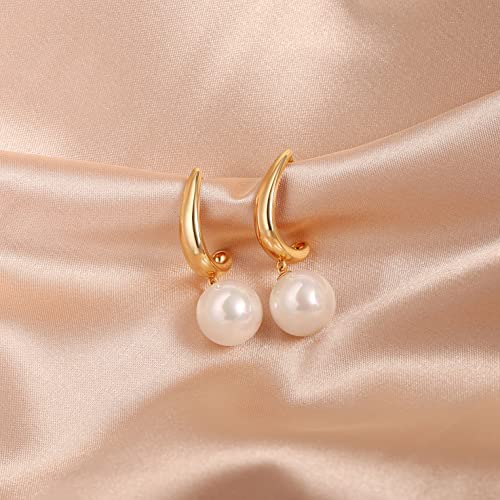 Gold Plated Huggie Hoop Earrings with Charms Fashion Pearl Drop Dangle Earrings for Women Handmade Karma Circle Jewelry for Ladies Lightweight Pearl Earrings on Christmas - color: open hoop