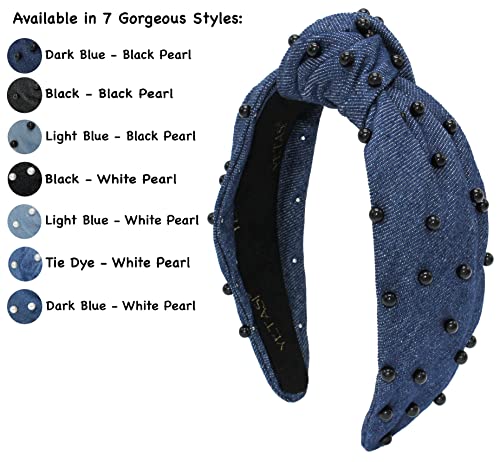 Blue Knotted Headband for Women is a Comfy Denim with Black Pearl Headbands for Women Dark Blue Jean Headband Top Knot for Girls Hair Fashion Designer - color: Blue Denim Black Pearl