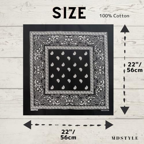 MDSTYLE 100% Cotton Bandana for Men & Women 22" x 22" Paisley Pattern Handkerchief Headband Scarf - color: Black - 3 Pack