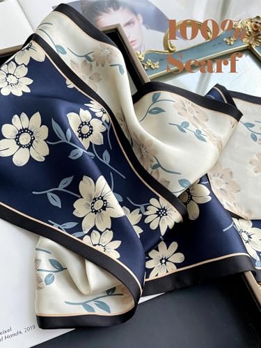 kcctoo 59" Mulberry Silk Like Head Scarf Women's Fashion Square Neck Satin Scarfs for Bag Hair Scarves Gift 59 * 5.9” - color: B004-navy Floral Scarf