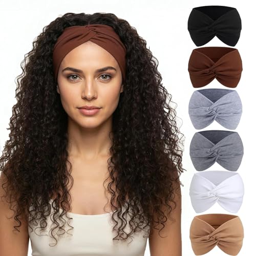 obeoby 6 Pack Wide Turban Headbands for Women Non Slip, 6inch Thick Head Wraps Knotted Hair Bands for Lady Large African Wide Hair Wrap - color: Brown series
