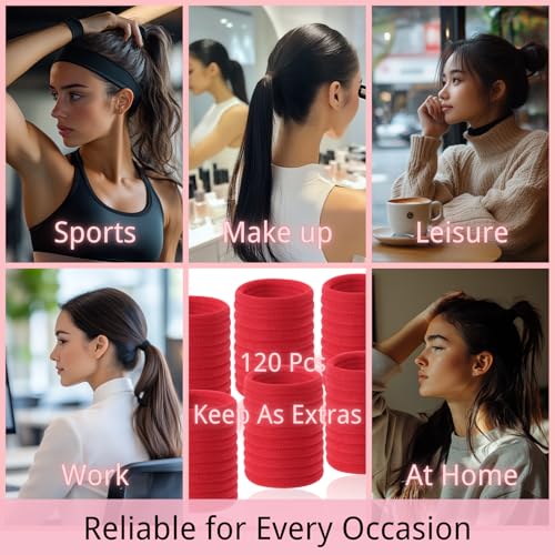 LuSeren 120 Pcs Deep Red Hair Ties for Women, No Damage Soft Seamless Nylon Hair Elastics for Thick Hair,Ponytail Holders, Hair Accessories - color: Reds