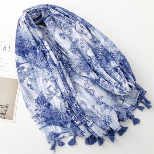 WaJuemy Travel Boho Scarf for Women Casual Lightweight Pashmina Scarves Fashion Multicolor Shawl Wraps with Fringed Beads - color: 05a Blue Trees