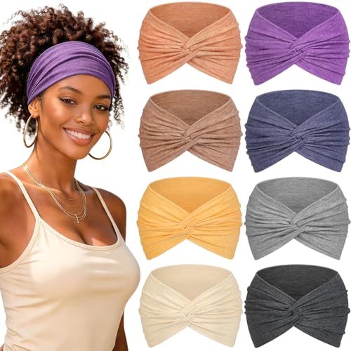 Awumbuk Wide Headbands for Women, 7.08 Inch Thick Boho Turban Style Hair Wraps, Non-Slip Moisture-Wicking Workout Headband for Sports, Yoga, Daily Fashion, 8 Pack Multi Colors (purple) - color: pale yellow