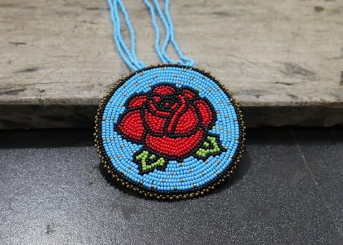 Handmade Native American Style Tribal ethnic Seed Bead Beaded Layered Medallion Necklace #1 - color: Skyblue Rose