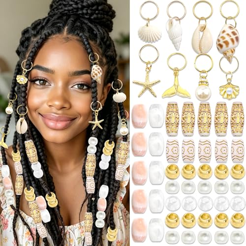 NAISKA 58PCS Seashell Hair Jewelry for Braids Gold Starfish Loc Charms Vintage Hair Beads Dreadlock Long Tube Beads for Hair Pearl Braid Pendent 15 Styles Braids Accessories for Women Girls - color: Pink&White&Gold
