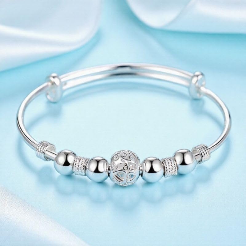 925 Sterling Silver Adjustable Bracelet for Women, Hollow Lantern Bead Design, Sliding Clasp Bangle, Elegant Jewelry Gift for Valentine’s Day, Birthday, Anniversary