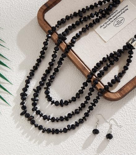 Errally Layered Beaded Statement Necklace Multi Strand Crystal Beads Collar Necklace and Earring Sets for Women Fashion Costume Jewelry Set Gifts for Her - color: 15-Black