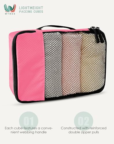WTREE 4-Piece Packing Cubes Travel Accessories Set for Suitcases - Luggage Organizer Bags with Double Zipper - Mesh Top - Small/Medium/Large/Slim - Pink - color: Pink, size: Slim, Small, Medium, Large