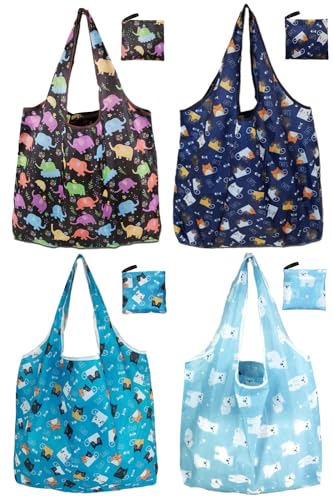 Reusable Grocery Bags, Nylon Tote Bag Gift For Women, Reusable Shopping Bags With Handles, Large Everything Bag Bulk, Foldable And Washable, Cat Pattern - color: Ice Bear 4 Pack