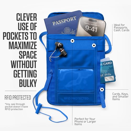 VENTURE 4TH Neck Wallet for Women & Men – RFID Blocking Passport Holder for Travel, Hidden Neck Pouch with 6 Compartments, Slim Lightweight Travel Organizer with Adjustable Strap (Sleek Blue) - color: Sleek Blue
