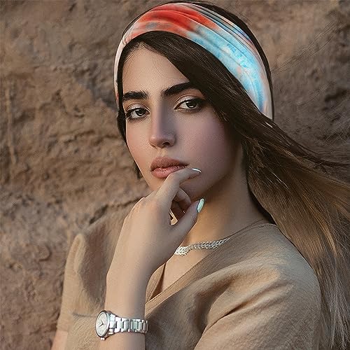 FULZTEY Wide Headbands for Women Boho Headwraps Fashion Tie Dye Hairband Non Slip Knot Bandanas Comfy Cotton Turban Stretchy Sport Workout Sweat Head Bands for Women's Hair Accessories 3 Pack - color: Style 28