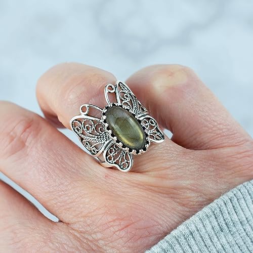 Filigranist Sterling Silver Filigree Art Butterfly Women Cocktail Ring with Gemstones - color: Labradorite