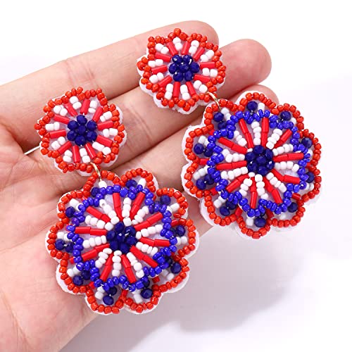 Statement Beaded Drop Earrings for Women Layered Bead Dangle Earrings - color: red blue white
