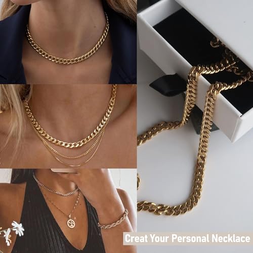 NECOCY 14K Gold Plated Layered Necklace for Women, Dainty Chain Necklace Stackable Trendy Cuban Link Rope Snake Chain Choker Simple Chunky Herringbone Necklace Stack Jewelry Set Gift for Women - style: Cuban Chain