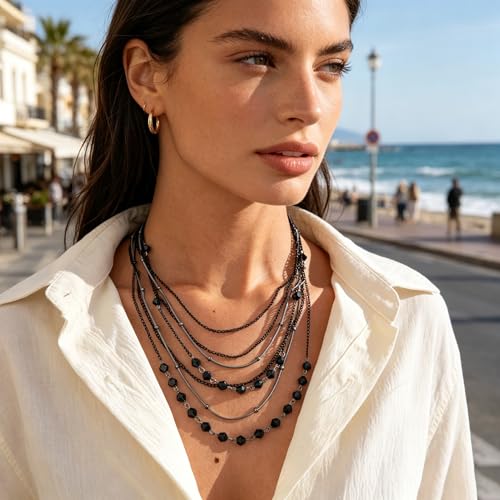 Boho Layered Necklace for Women Stacked Crystal Chain Necklace Beaded Pendant Boho Necklace Trendy Dainty Jewelry - color: Black