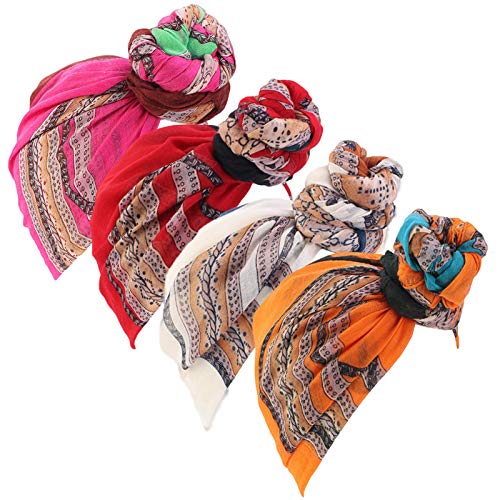 Qianmome Womens Big Flower Turban Beanie Elegant Cap Head Wrap Stretch Long Hair Scarf Headscarf - color: 4pieces-24a-style 2