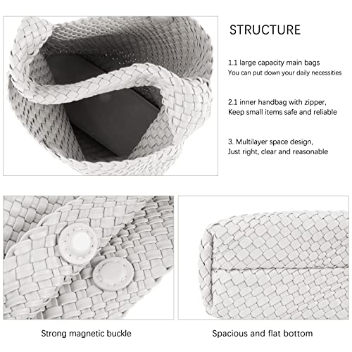 Woven Tote Bag For Women, Large Vegan Leather Travel Handbag, Casual Work Shoulder Bag, Underarm Commuter Hobo Bag With Purse - color: White