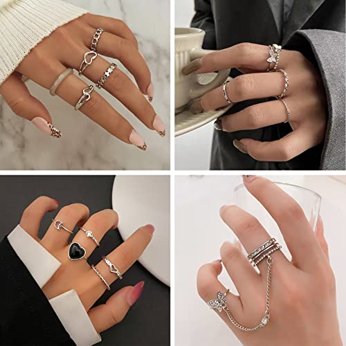 IFKM 36 PCS Silver Plated Jewelry Set with 3 PCS Necklace, 12 PCS Bracelet, 7 PCS Ear Cuffs Earring, 14 Pcs Knuckle Rings for Women Valentine Anniversary Birthday Friendship Gift - color: 21 Pcs Silver