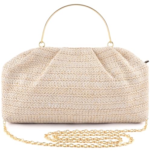 ERKOON Clutch Purse for Women Elegant Pleated Evening Bag Crossbody Shoulder Handbag Envelope Bag with 2 Detachable Chain - color: Beige#1
