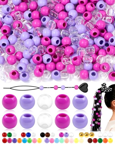 FIVEIZERO 260PCS Large Hole Hair Beads, 10x12mm, Pink Purple Clear | acrylic pony style, smooth lightweight finish, reusable, quick on/off, bracelets, keychains, macramé and DIY crafts - color: Pink Purple Clear
