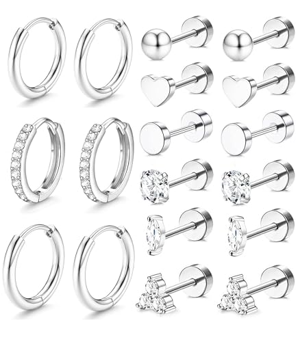 Incaton Hypoallergenic Flat Back Earrings for Women Silver 14K Gold Plated Surgical Stainless Steel Stud Earrings Cubic Zirconia Cartilage Studs Earrings For Multiple Piercing Sensitive Ears - color: 2-SILVER