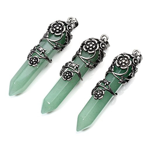 Top Plaza Antique Silver Flower Wrapped Natural Green Aventurine Healing Crystal Necklace - color: Green Aventurine