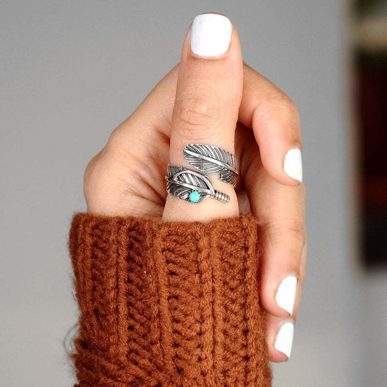 Retro Angel Wing Ring Adjustable Feather Silver Gold Antique Jewelry for Women Men Dainty Wrap Open Thumb Rings for Women Open Punk Birthday Gift Friendship - style: TurquoiseFeather