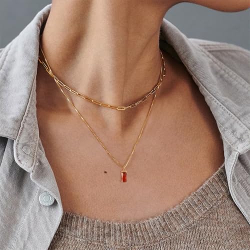 Dainty Gold Charm Necklaces for Women Non Tarnish, 14K Trendy Blue Green Cubic Zirconia Emerald Pendant Birthstone Necklaces Birthday Gifts for Women Waterproof Jewelry - color: 07-July(Ruby)