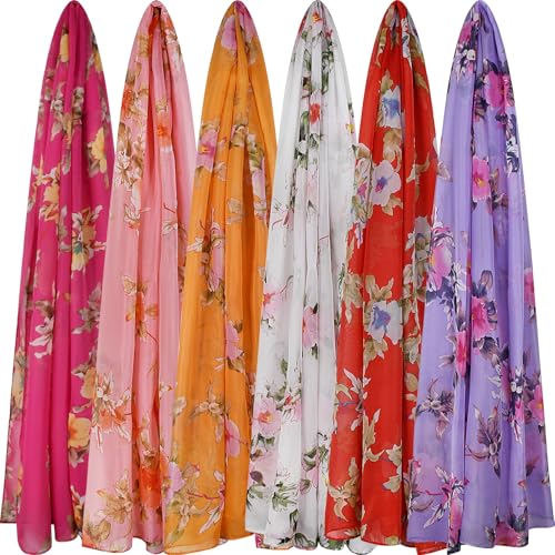 6 Pieces Scarves for Women Ladies Lightweight Silk Gorgeous Floral Pattern Lotus Print Chiffon Scarves - color: Multi Flower