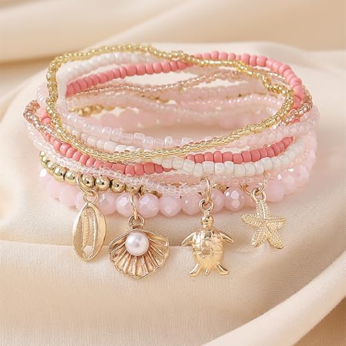 Caiyao Bohemian Multilayer Stackable Seed Beaded Bracelets Colorful Crystal Glass Beads Strand Bangle Bracelet BFF Wristbands Bracelet for Women Summer Beach Hawaii Jewelry Birthday Gifts - color: Pink-starfish