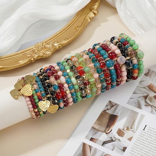 Bohemian Bracelet Sets for Women - 4-Pack Stackable Stretch Bead Bracelets with Black＆White Crystal & Gold Accessories, Multi-Layer Boho Jewelry - color: 6Pack-D