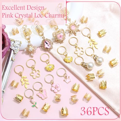 36PCS Pink Crystal Hair Jewelry Butterfly Braids Clips Flower Loc Jewelry Pearl Hair Charms Gold Hair Cuffs Rings Valentine's Day Braids Accessories for Women and Girls - color: Gold&Pink