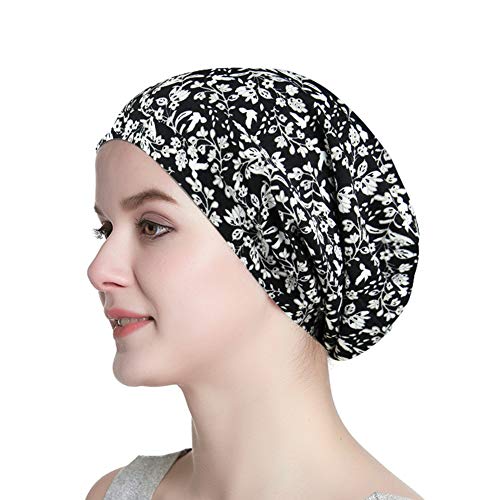 Wide Band Sleep Night Cap Baggy Beanie Slouch Skull Cap Cancer Hat - color: Cotton Bloom