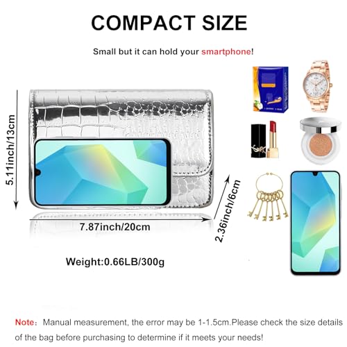 Small Crossbody Purse Bag for Women，Y2K Cute Metallic Croc-Embossed Handbag with Chain Strap - color: Medium Silver（fit Your Phone）
