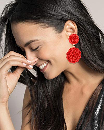 Statement Beaded Drop Earrings for Women Layered Bead Dangle Earrings - color: Red