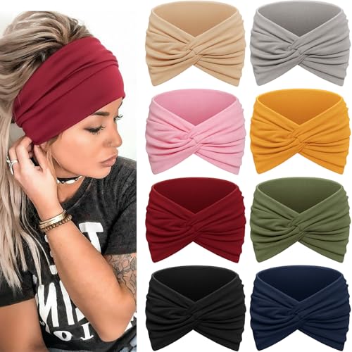 Awumbuk Wide Headbands for Women, 7.08 Inch Thick Boho Turban Style Hair Wraps, Non-Slip Moisture-Wicking Workout Headband for Sports, Yoga, Daily Fashion, 8 Pack Multi Colors (pink) - color: pink
