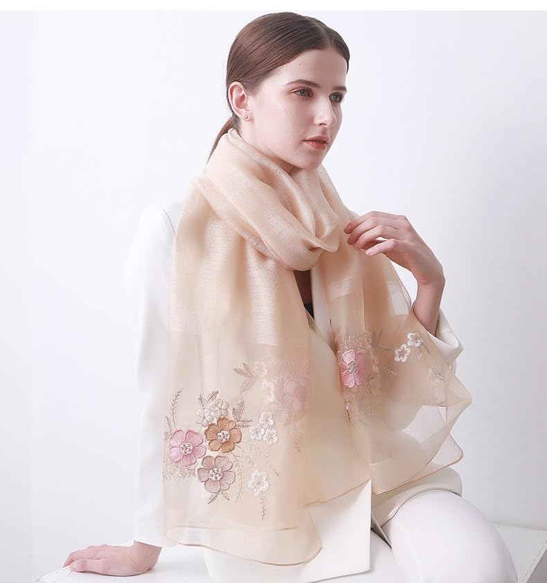Jeelow Silk Blend Floral Fashion Scarf Shawl Wrap Lightweight Sheer For Women Floral Embroidery Wedding Party Prom - color: Petal Light Khaki