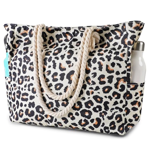 Clothirily Beach Bag for Women - Large Beach Tote Bag, Waterproof Sandproof Beach Bag with Zipper, Large Swim Pool Beach Tote - color: Leopard Print